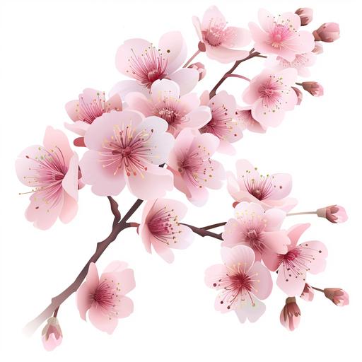 a clipart image of a cherry blossom branch with light pink blossoms and smooth edges on a white background.