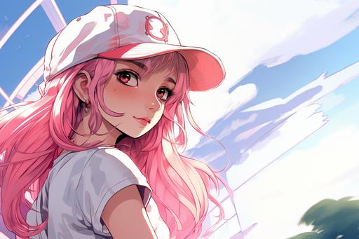 A lively and adorable girl in a white top, pink short skirt, long hair, and wearing a pink baseball cap on her head, in a Japanese manga-style 2D hand-drawn illustration.