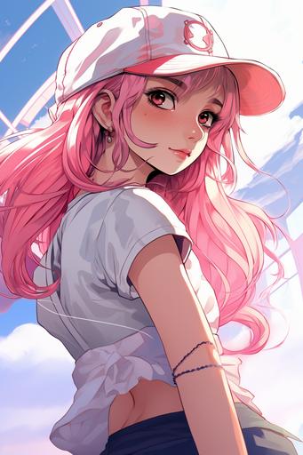 A lively and adorable girl in a white top, pink short skirt, long hair, and wearing a pink baseball cap on her head, in a Japanese manga-style 2D hand-drawn illustration.