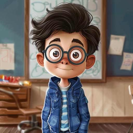 5690_Make a cartoon boy with glasses, a blue jacket, near a school board and with dark hair --ar 1:1