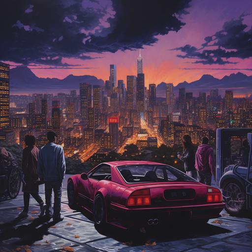 chinese dark blue crimson purple cityscape with sports cars. in the distance a woman is standing next to a guy with dreads and a guy with brown hair. the city is very packed and looked at from far away.