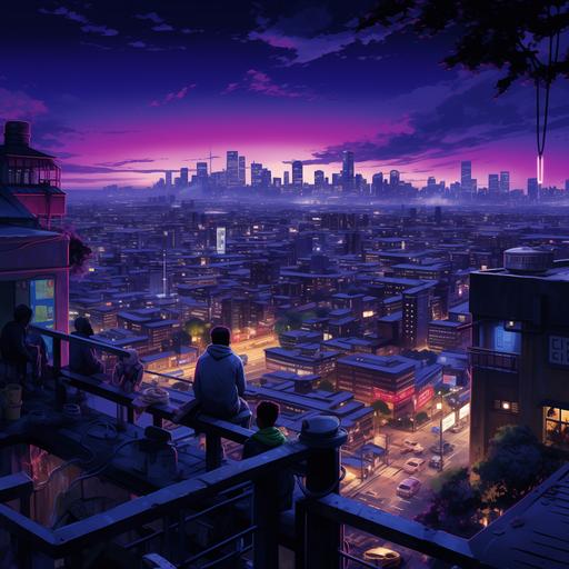 chinese dark blue purple cityscape with a neon rooftop bar. in the distance a woman is in a car next to a guy with dreads and a guy in a hoodie in the distance. the view is from above