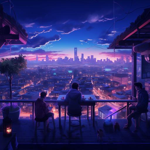 chinese dark blue purple cityscape with a neon rooftop bar. in the distance a woman is in a car next to a guy with dreads and a guy in a hoodie in the distance. the view is from above