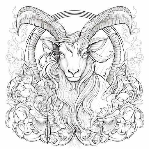 adult coloring book. draw zodiac sign Capricorn. It is represented either by a centaur shooting a bow and arrowThe symbol of Capricorn is said to represent a sea goat, a mythical creature said to be half-goat and half-fish. no background colors. thick clear lines. --v 5.2