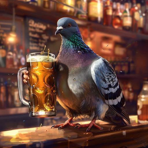 a pigeon holding a mug of beer at a bar