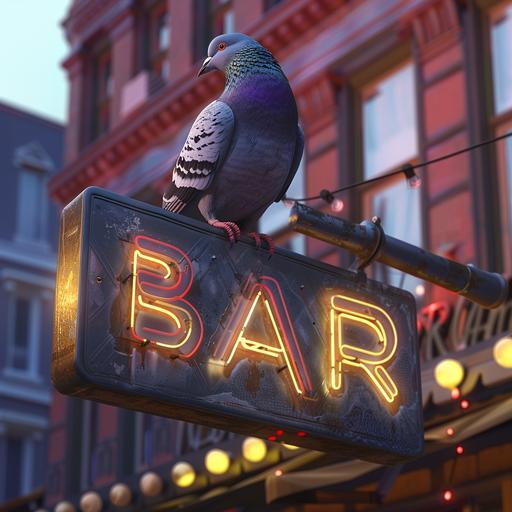 a pigeon sitting on top of a bar sign outside of a bar ultra realistic