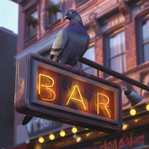 a pigeon sitting on top of a bar sign outside of a bar ultra realistic --v 6.0