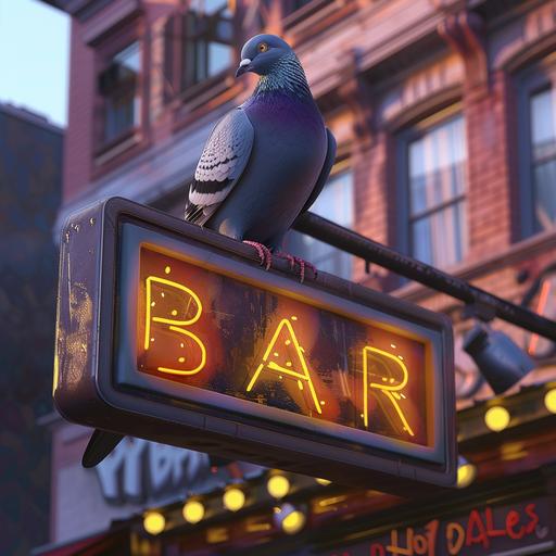 a pigeon sitting on top of a bar sign outside of a bar ultra realistic