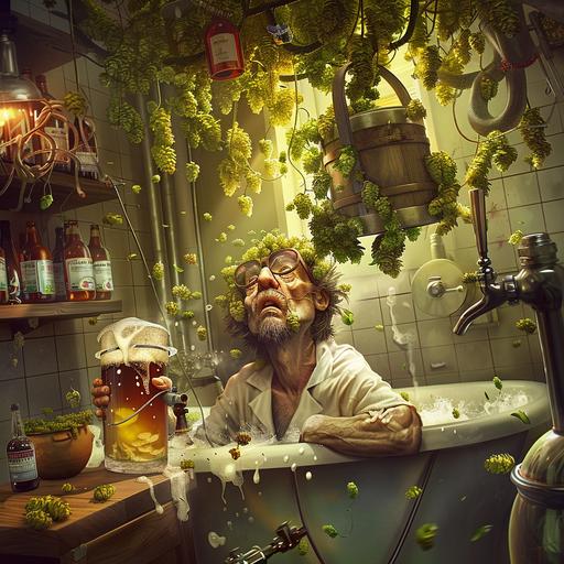 a realistic mad scientist brewing a hazy beer surrounded by hops in his bathroom and a 5 gallon bucket of water in the bathtub
