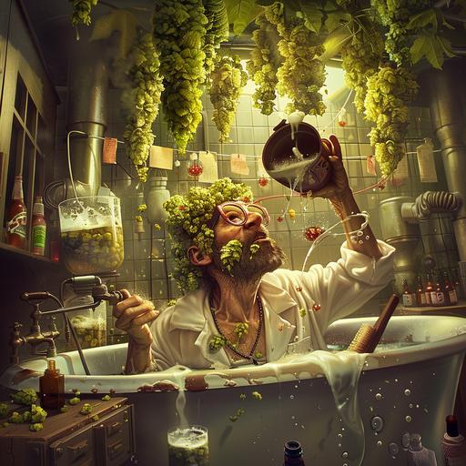 a realistic mad scientist brewing a hazy beer surrounded by hops in his bathroom and a 5 gallon bucket of water in the bathtub