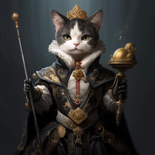 black and white short haired cat as a prince holding a scepter in one paw and cat treats in the other paw