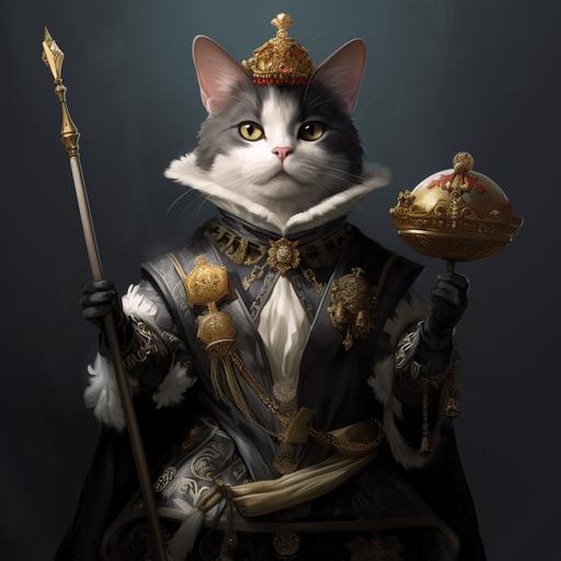 black and white short haired cat as a prince holding a scepter in one paw and cat treats in the other paw