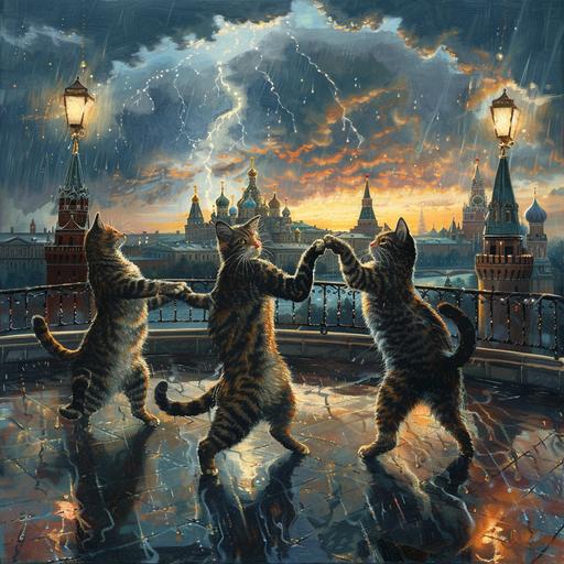 5733_Four cats dance tango against the backdrop of the Moscow Kremlin, thunderclouds and lightning in the sky --ar 1:1