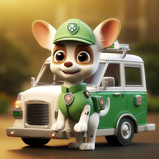 a new paw patrol that is a light browned chihuahua. his means of transportation is a white ambulance with green details. The uniform of the chihuahua is white and his doctor hat is green. The ambulance has to be main object.