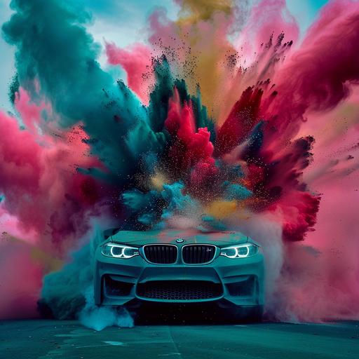 blue pink yellow green colored powder particles exploded and showing BMW Logo at the center fo the frame while the explosion covers the whole frame