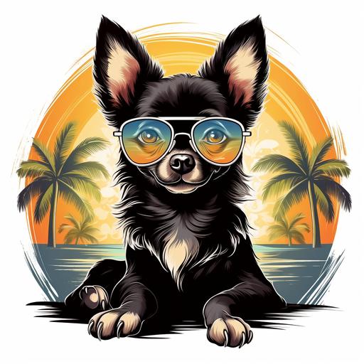 funny print for tshirt with crazy cartoon anreal chihuahua black and wight color with light smile on her face in the sitting position near the palm tree