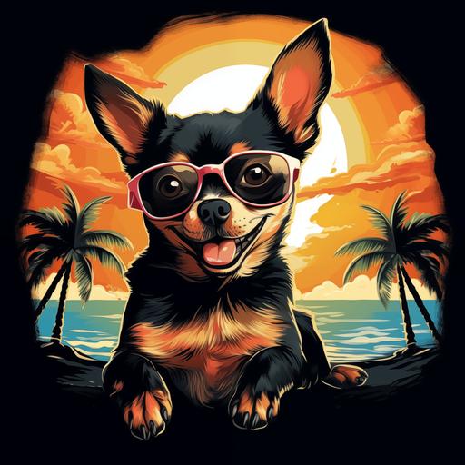 funny print for tshirt with crazy cartoon anreal chihuahua black and wight color with light smile on her face in the sitting position near the palm tree