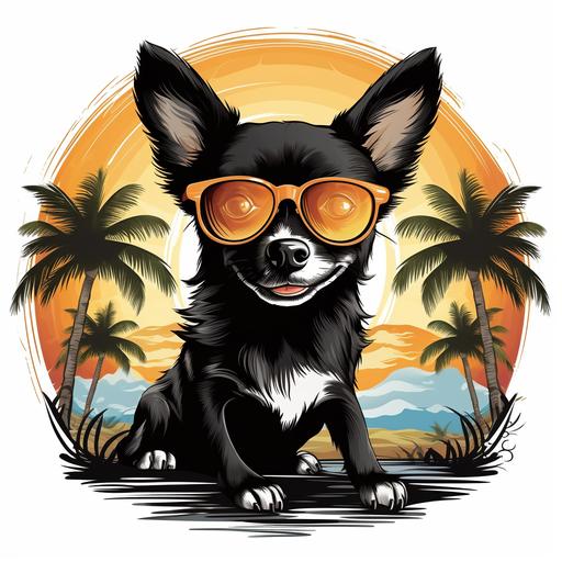 funny print for tshirt with crazy cartoon anreal chihuahua black and wight color with light smile on her face in the sitting position near the palm tree