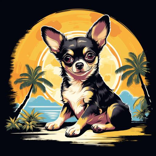 funny print for tshirt with crazy cartoon anreal chihuahua black and wight color with light smile on her face in the sitting position near the palm tree