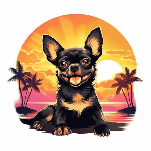 funny print for tshirt with crazy cartoon anreal chihuahua black and wight color with light smile on her face in the sitting position near the palm tree