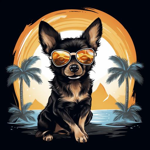 funny print for tshirt with crazy cartoon anreal chihuahua black and wight color with light smile on her face in the sitting position near the palm tree