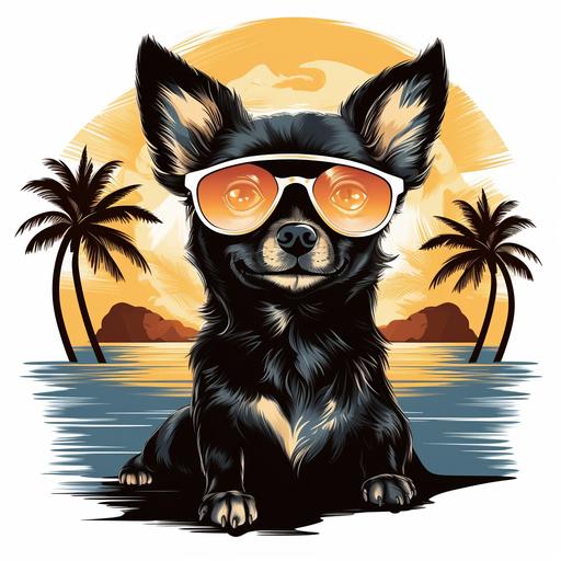 funny print for tshirt with crazy cartoon anreal chihuahua black and wight color with light smile on her face in the sitting position near the palm tree