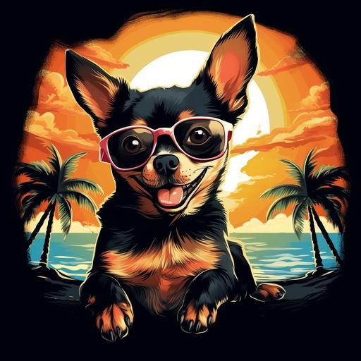 funny print for tshirt with crazy cartoon anreal chihuahua black and wight color with light smile on her face in the sitting position near the palm tree