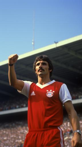 Gerd Müller, in his prime, wearing the iconic red and white Bayern Munich jersey, stands confidently on the pitch of the Munich Olympic Stadium. The stadium is packed with cheering fans, their faces filled with excitement as they witness Müller's incredible goal- scoring prowess --ar 9:16