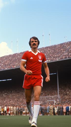 Gerd Müller, in his prime, wearing the iconic red and white Bayern Munich jersey, stands confidently on the pitch of the Munich Olympic Stadium. The stadium is packed with cheering fans, their faces filled with excitement as they witness Müller's incredible goal- scoring prowess --ar 9:16