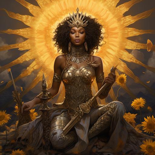 In a serene and powerful tableau, an African American woman, adorned in glistening, intricately crafted armor, kneels gracefully on the ground, as if in prayer. Surrounding her is a field of golden sunflowers, their radiant petals reaching up towards the sun. The woman's sword, a formidable blade with a hilt adorned in motifs reflecting her cultural roots, is laid gently on the ground beside her, as a symbol of both her readiness for battle and her commitment to peace. The blade gleams in the sunlight, catching the eye with its polished surface. As she kneels, her eyes are closed in deep contemplation