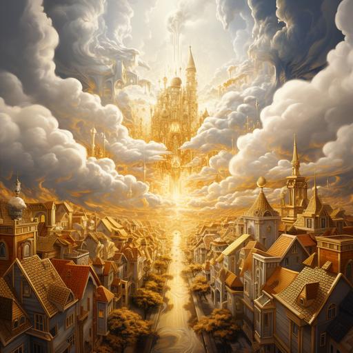 a place with streets of gold and houses made of glass and angels and clouds with gold rays