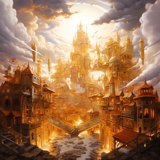 a place with streets of gold and houses made of glass and angels and clouds with gold rays