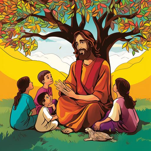 cartoon Jesus sitting under a tree talking to little kids vibrant colors