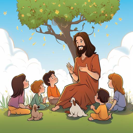 cartoon jesus sitting by a tree talking ton Iittle children