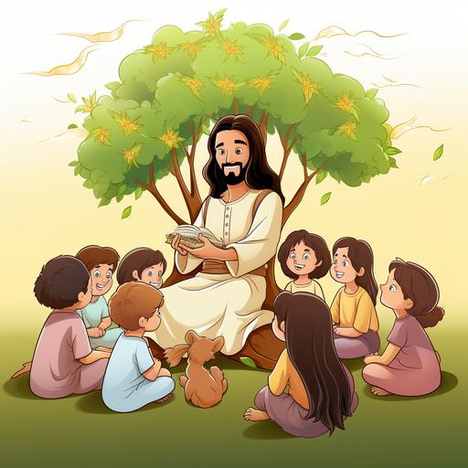 cartoon jesus sitting by a tree talking ton Iittle children