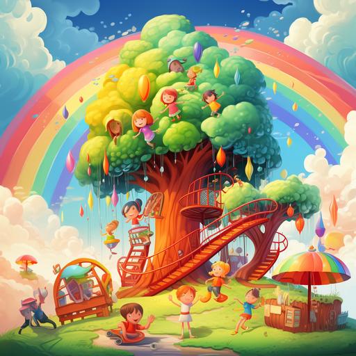 cartoon playground with a big tree and kids playing while its raining and a rainbow