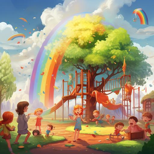 cartoon playground with a big tree and kids playing while its raining and a rainbow