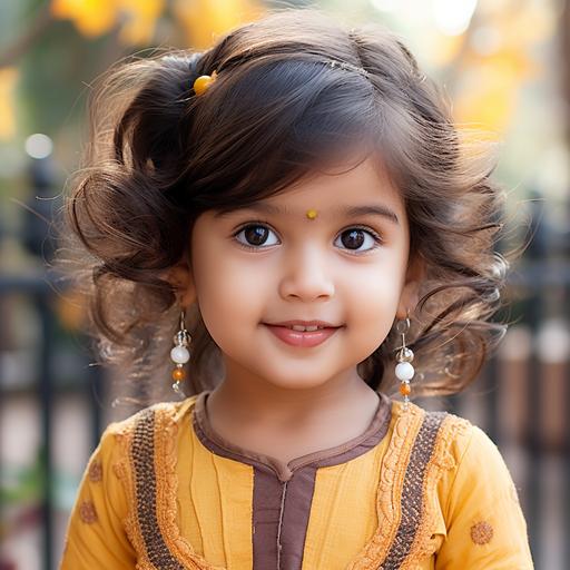 Very pretty Indian girl, about 3 years old, double eyelids, big eyes, high nose bridge, nice features, clean-cut appearance, loves to smile, very cute, both hands together in front of her chest, Disney style, golden yellow ginkgo biloba in the background, aspect ratio 9:16