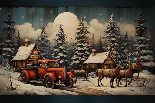 Vintage Christmas Rustic Wall Art Four Reindeer Pulling Santa's Car Delivering gifts in the snow at night There's a beautiful moon. 5K oil print, only 5 colors --ar 3:2 --s 750