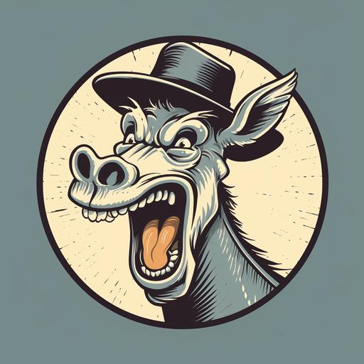 a laughing donkey with large teeth wearing a hat in the style of a simplistic soccer club logo.