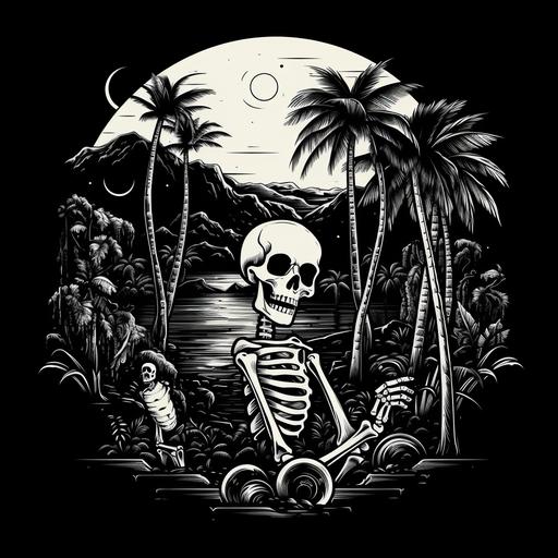 a t shirt design for a video production company that encompasses skeletons and palm trees in black and white.