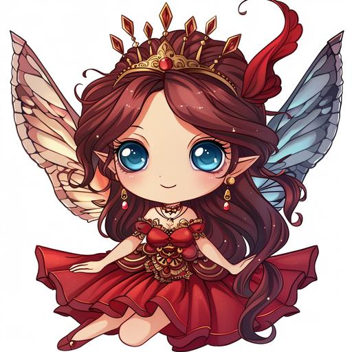 A cute brunette kawaii fairy, with blue eyes. She wears a red hat and a red dress. Her face is truly adorable, and she has a crown in a medieval style. She wears a large gold bracelet with a darker red diamond.