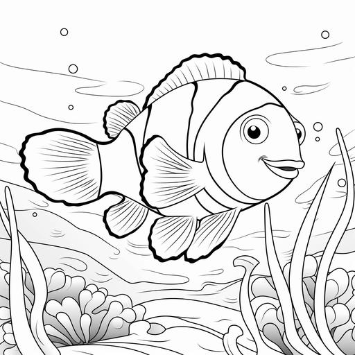 coloring pages for kids, clownfish, cartoon style, thick lines, low detail, black and white, no shading, avoiding a obstacle, no landscape background