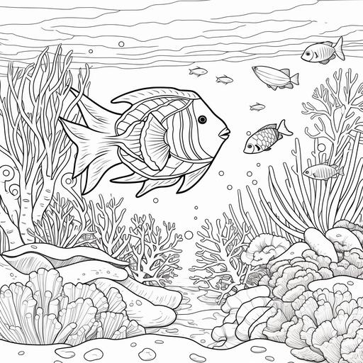coloring pages for kids, coral reef, cartoon style, thick lines, low detail, black and white, no shading, avoiding a obstacle, no landscape background