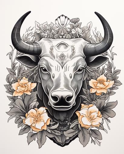 A black and white linocut print of a Taurus bull surrounded by a wreath of tiger lilies, coins, and crystals, cottage core, goth aesthetic, no background, white background --ar 8:10