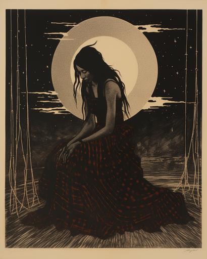 A relief print of a woman with hair made out of a weaving, that is being woven into the sky arounde her, she is in a dress sitting on an oriental carpet with fringe tassels, the carpet has a sinking black hole in the middle of it, and she is on the edge of sinking in, full body, three quarters view, gloomy, moody, punk aesthetic, lines only, no shading, no value, 90's poster style --ar 8:10