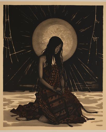 A relief print of a woman with hair made out of a weaving, that is being woven into the sky arounde her, she is in a dress sitting on an oriental carpet with fringe tassels, the carpet has a sinking black hole in the middle of it, and she is on the edge of sinking in, full body, three quarters view, gloomy, moody, punk aesthetic, lines only, no shading, no value, 90's poster style --ar 8:10