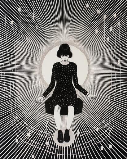 A risograph of a woman with hair that is woven into a carpet over under loom style weaving that reaches up around her until it starts to be woven into the sky, she is in a dress and sitting on a sinking black hole in the middle of it, full body, punk aesthetic, lines only, no shading, no value, 90's poster style, white background --ar 8:10