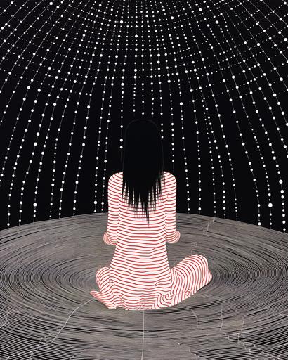 A risograph of a woman with hair that is woven into a carpet over under loom style weaving that reaches up around her until it starts to be woven into the sky, she is in a dress and sitting on a sinking black hole in the middle of it, full body, punk aesthetic, lines only, no shading, no value, 90's poster style, white background --ar 8:10