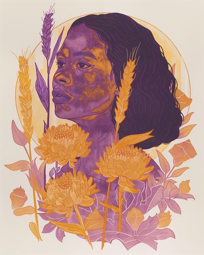 A risograph print of a Latinx Virgo woman, in yellow, purple, and brown tones, with chrysanthemum flowers and wheat stalks, and rose quartz and amethyst crystals, earth elements, dark aesthetic, witchy, cottage core aesthetic, star core, no background, white background, vignette --ar 4:5 --v 6.0